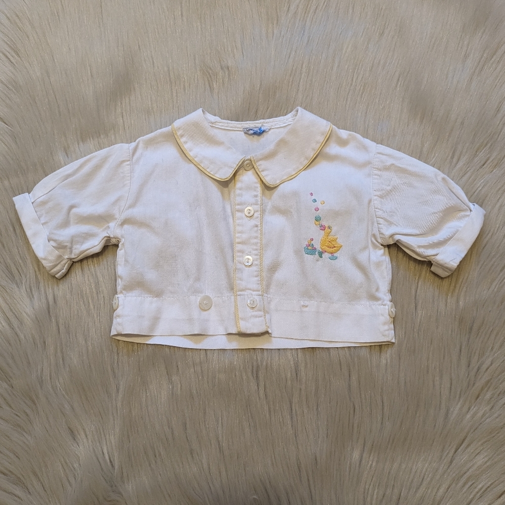 Vintage Tiny Tim white with yellow button down top with duck embroidery 3M